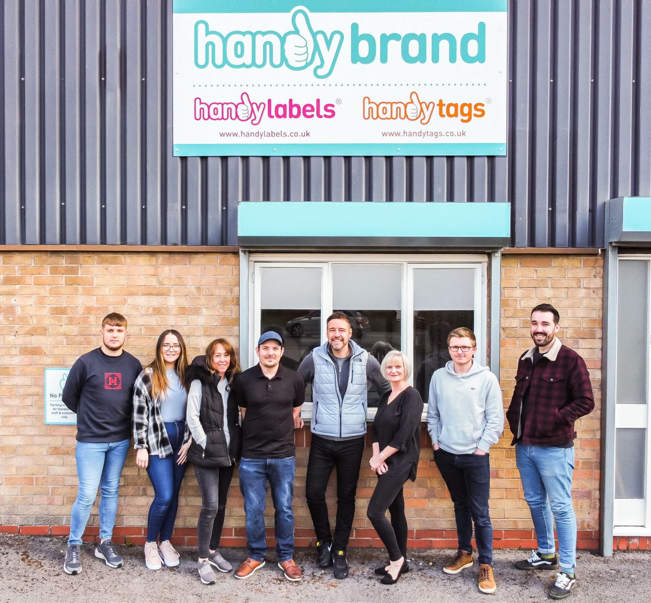 Handy Brand team in front of the Portishead HQ